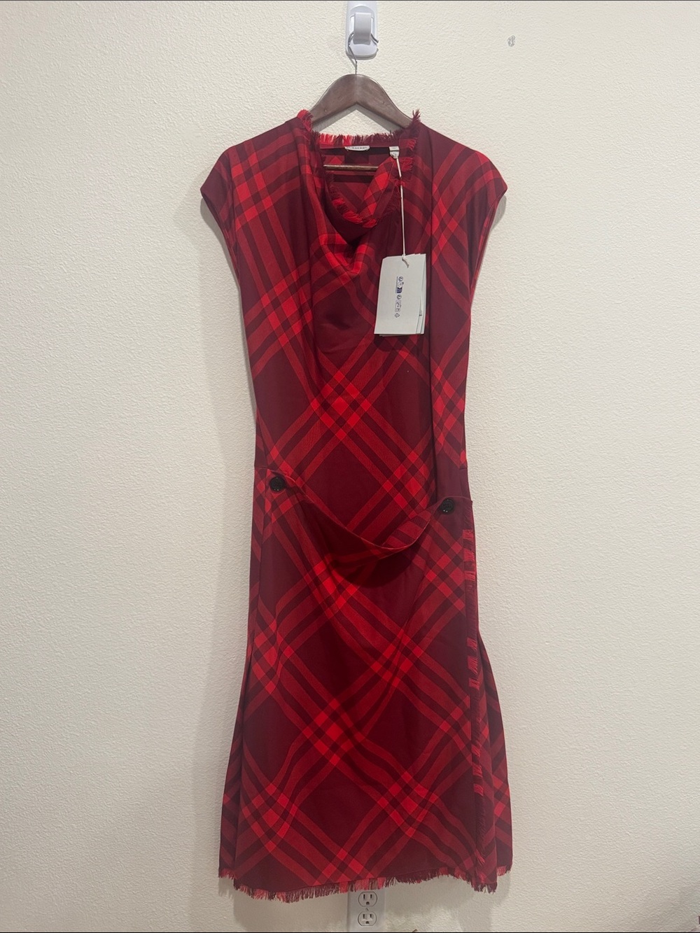 Burberry Red Plaid Cowl-Neck Midi Dress - Picture 9 of 11